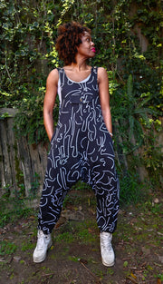 Abstract Black &amp; White Cotton-Blend Jumpsuit