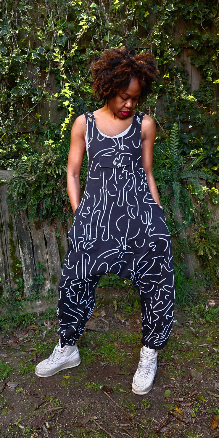 Abstract Black &amp; White Cotton-Blend Jumpsuit