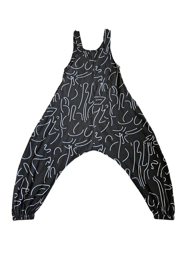 Abstract Black &amp; White Cotton-Blend Jumpsuit