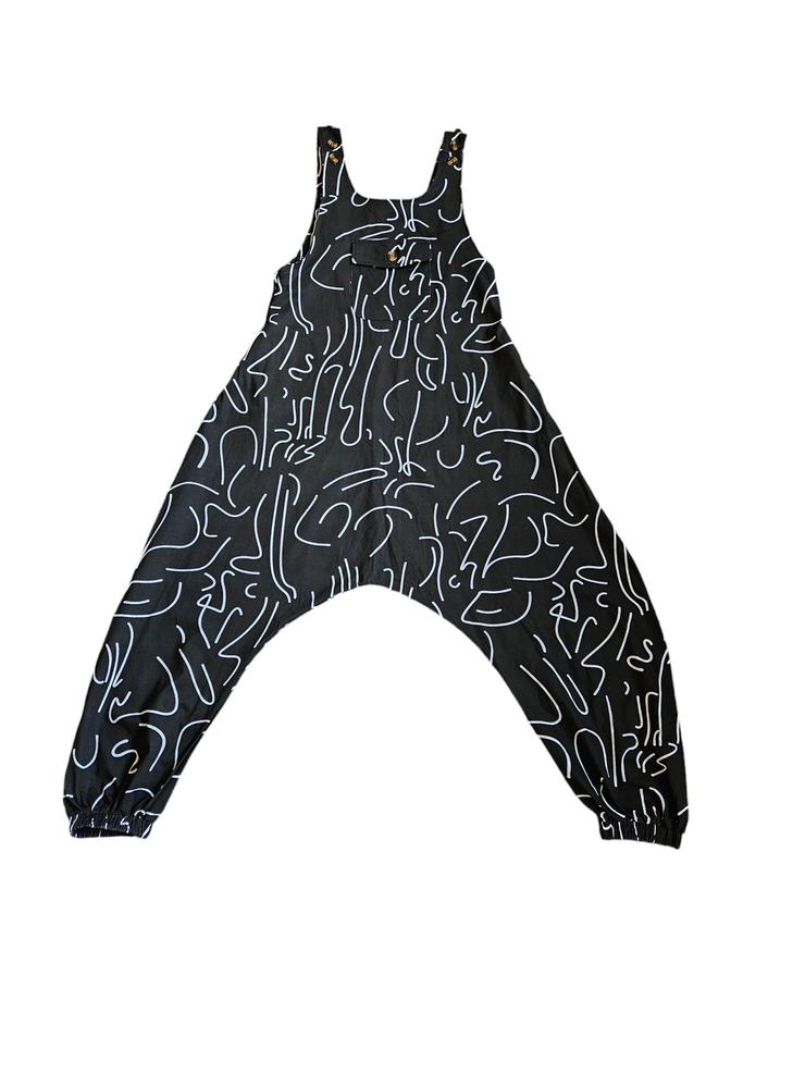 Abstract Black &amp; White Cotton-Blend Jumpsuit