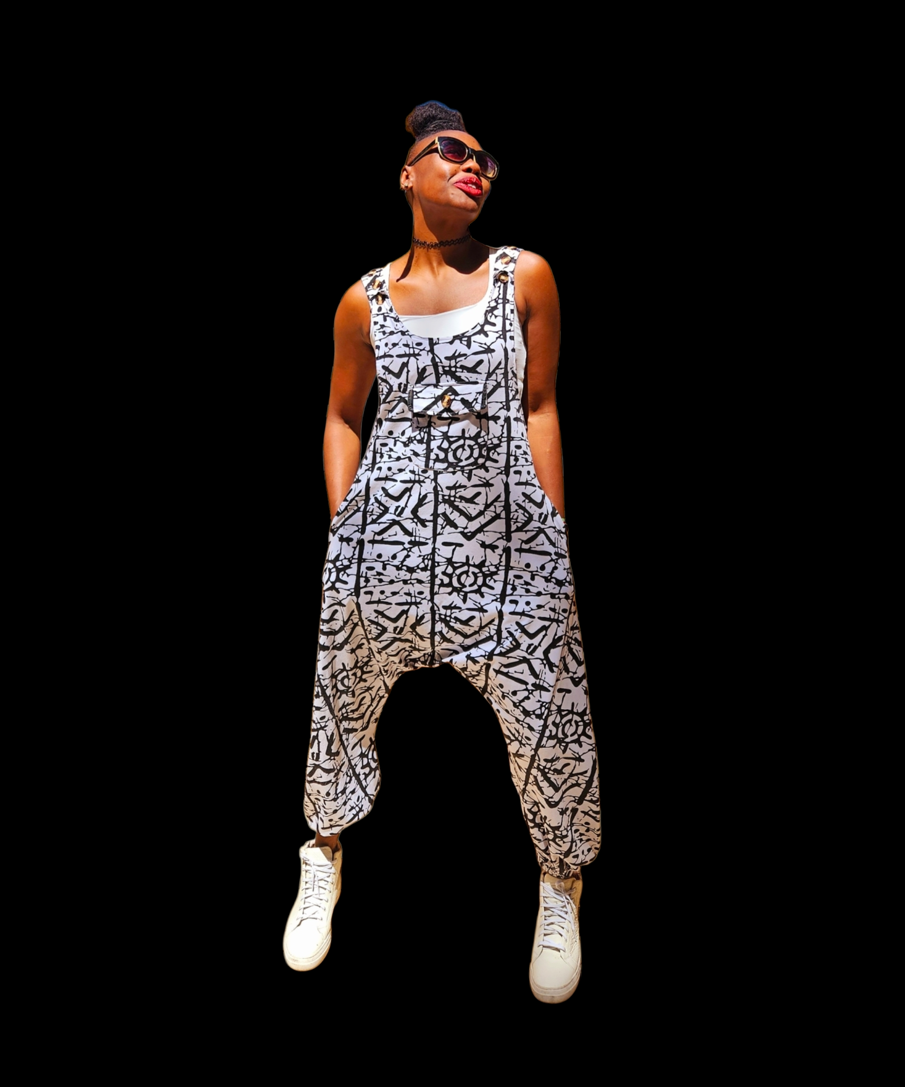 White Abstract Print Cotton-Blend Jumpsuit