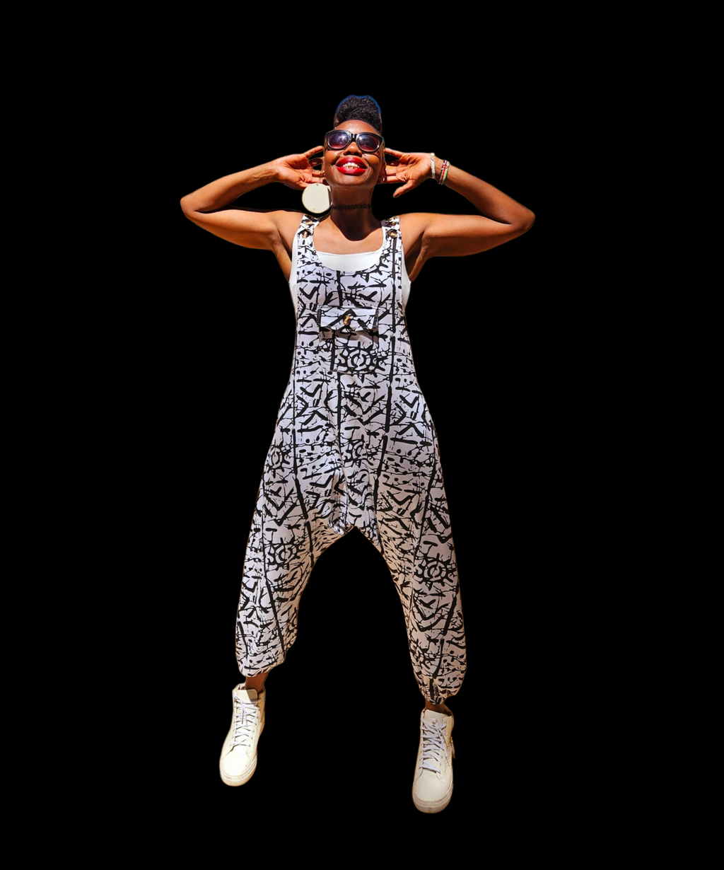 White Abstract Print Cotton-Blend Jumpsuit
