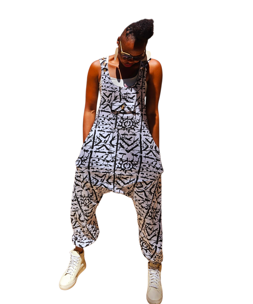 White Abstract Print Cotton-Blend Jumpsuit