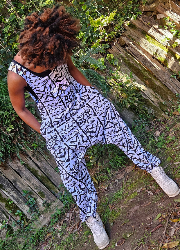 White Abstract Print Cotton-Blend Jumpsuit