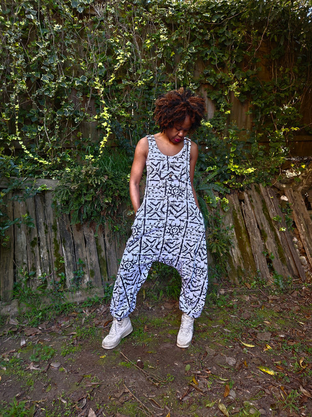 White Abstract Print Cotton-Blend Jumpsuit