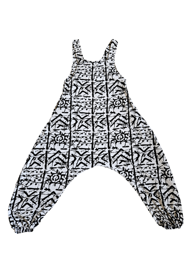 White Abstract Print Cotton-Blend Jumpsuit